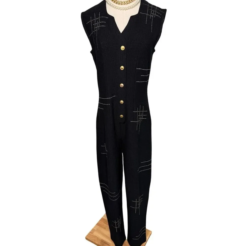 Jennifer Roberts Vintage Black Metallic Studded Jumpsuit one piece art wear S/M - Picture 2 of 14